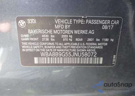 2018 BMW 330I из США, поврежденный, VIN WBA8B9G55JNU58072